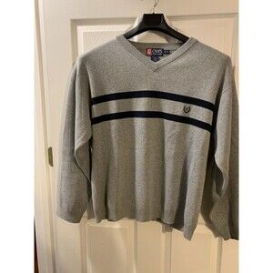 Chaps Ralph Lauren Men's  Knit Sweater  XL Grey With 2 Black Stripes 100% Cotton